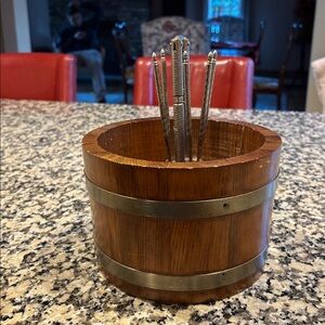 Vintage Baskerville Wooden Nut Barrel cracker & stainless picks Madein Putney VT